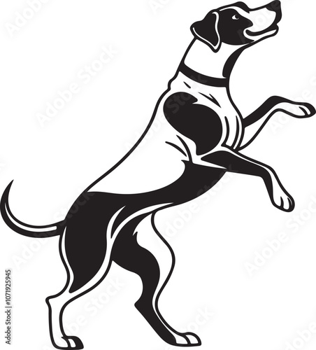 Vector art silhouette of a black and white dog upright on its hind legs, showcasing a lively dancing stance