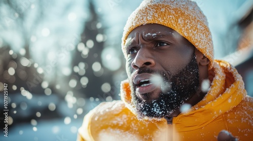 A man wearing an orange jacket, covered in snow, appears surprised in a snowy environment, capturing a moment of unexpectedness amidst a winter storm.