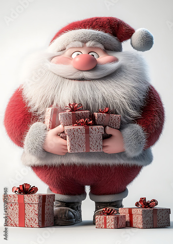 Chubby, cute, fluffy Santa Claus with a funny facial expression, holding a stack of wrapped Christmas presents. More presents lie on the floor, 3D character.