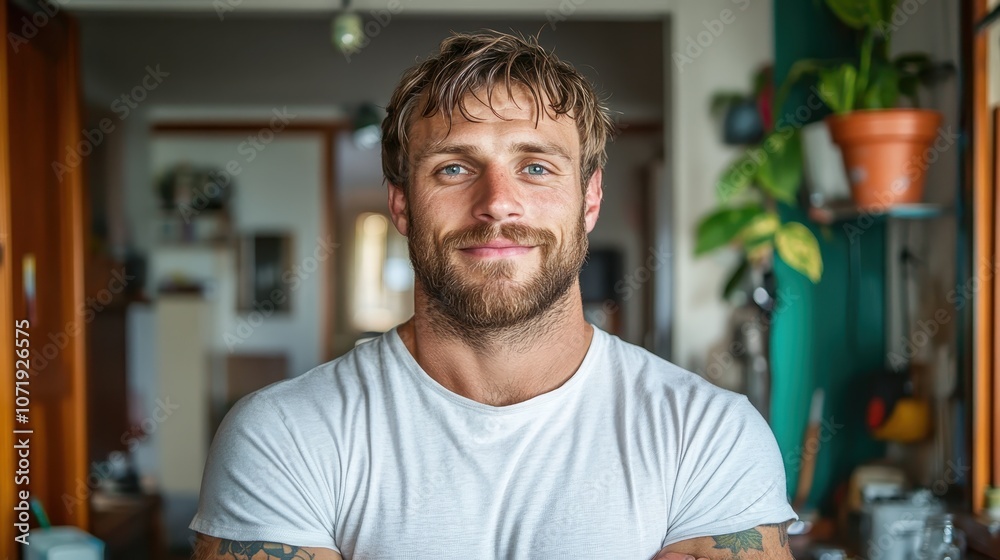 Fototapeta premium An individual exuding casual confidence with a warm smile, standing amidst a modern kitchen space featuring a mix of natural and artificial elements and decor.