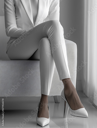 close up shot of woman legs wearing white pants and high heels, exuding elegance and sophistication. minimalist setting enhances stylish look photo