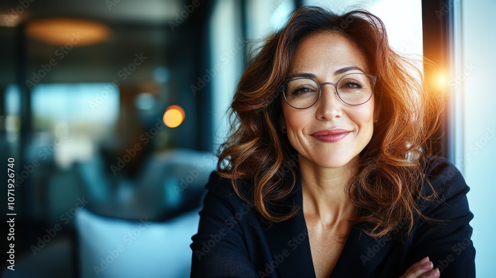 Obraz premium A stylish woman with glasses gives a confident smile in a modern office setting, embodying professional success and a sophisticated, modern-day elegance.