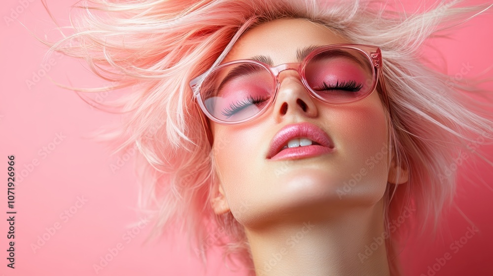 A woman with pink hair and sunglasses poses against a pink background, exuding confidence and style with her eyes closed, capturing a sense of modern fashion flair. A woman with pink hair and sunglasses poses against a pink background, exuding confidence and style with her eyes closed, capturing a sense of modern fashion flair.