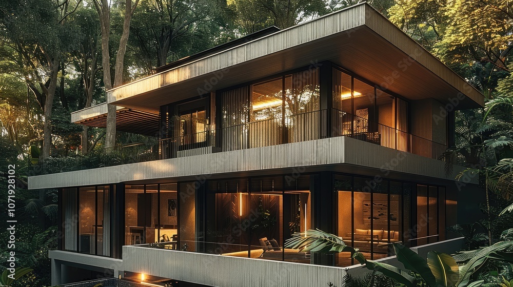 Fototapeta premium Modern architectural nestled in a dense forest, featuring striking, long, decorative wooden beams and accents that blend sophistication with nature.