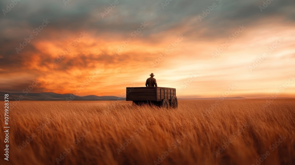 Fototapeta premium A solitary figure atop a trailer in an expansive golden wheat field under a vibrant sunset sky, depicting isolation, freedom, and the beauty of nature.