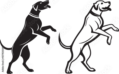 Black and white silhouette of a dog upright on its hind legs, showcasing a playful dancing stance