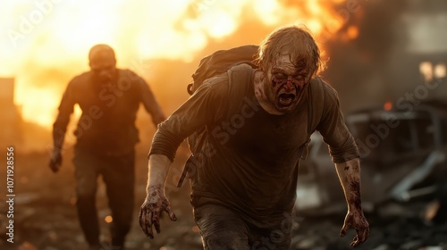 Wallpaper Mural A blood-covered man advances fiercely through a landscape of fire and chaos, representing themes of survival and resilience amid an apocalyptic backdrop. Torontodigital.ca