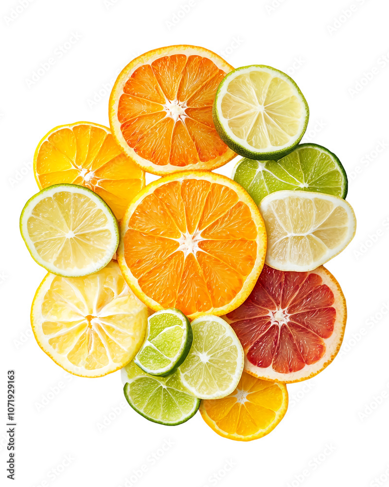 Obraz premium Sliced citrus fruits, including orange, lemon, lime, and grapefruit, are arranged on a white surface