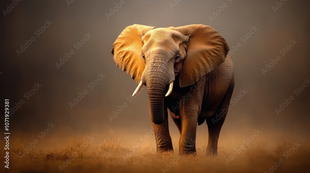 Obraz premium A majestic elephant strides confidently through a golden grassfield, its tusks prominent and stance powerful, evoking themes of nature's strength and serenity.