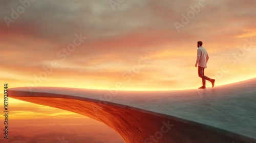 A man wearing a white coat traverses an abstract, curved, elevated platform with a stunning sunset sky setting the backdrop, creating a surreal and dreamlike atmosphere.