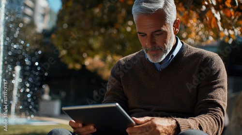 Senior Man Using Tablet in Outdoor Setting photo