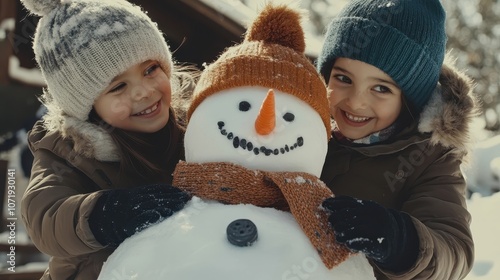 Siblings Decorating Snowman...