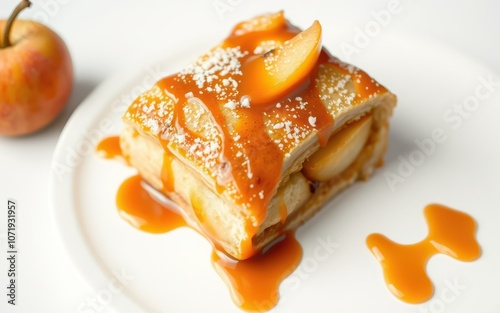 A single slice of apple strudel sits on a white plate, drizzled with caramel sauce and powdered sugar photo