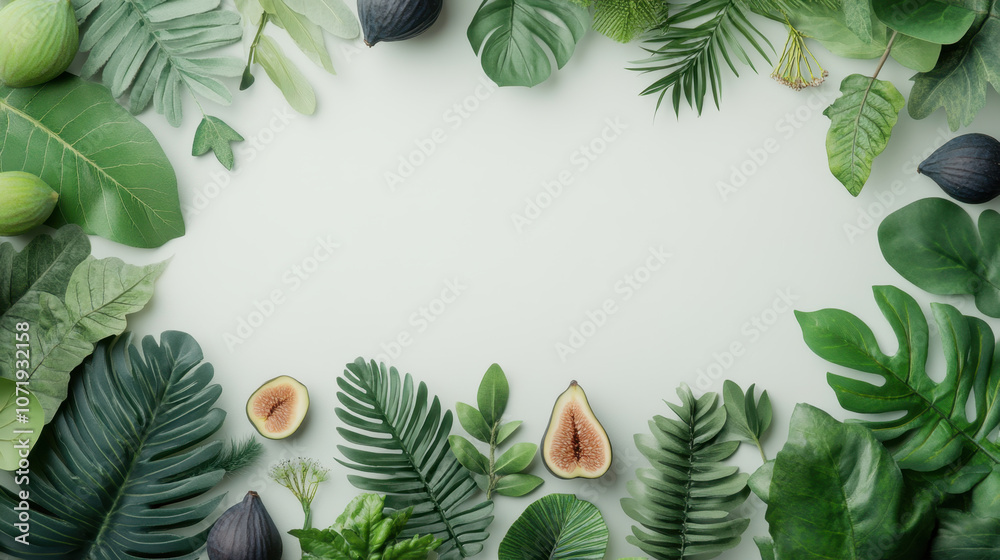 A vibrant arrangement of various green leaves and figs creating a natural frame against a light background. A vibrant arrangement of various green leaves and figs creating a natural frame against a light background.