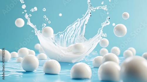 80.Illustrative 3D scene showing milk tablets splashing onto calcium balls on a blue background, emphasizing the role of vitamin D in strengthening bones photo