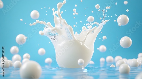 80.Illustrative 3D scene showing milk tablets splashing onto calcium balls on a blue background, emphasizing the role of vitamin D in strengthening bones photo