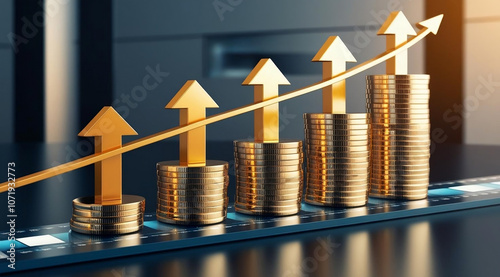 A vibrant image showing stacked coins with upward arrows, symbolizing financial growth and profitability in a modern business environment.