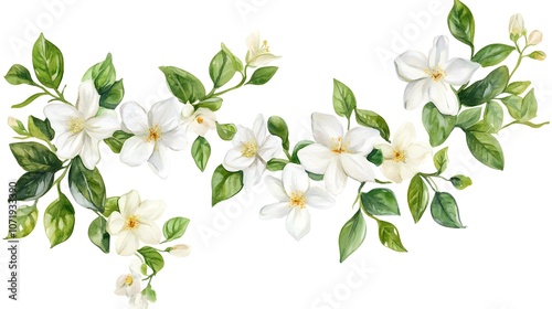 Wallpaper Mural Watercolor White Flowers Branch  Green Leaves  Floral Design  Spring Flowers Torontodigital.ca