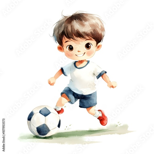 Happy Boy Playing Soccer Watercolor Illustration