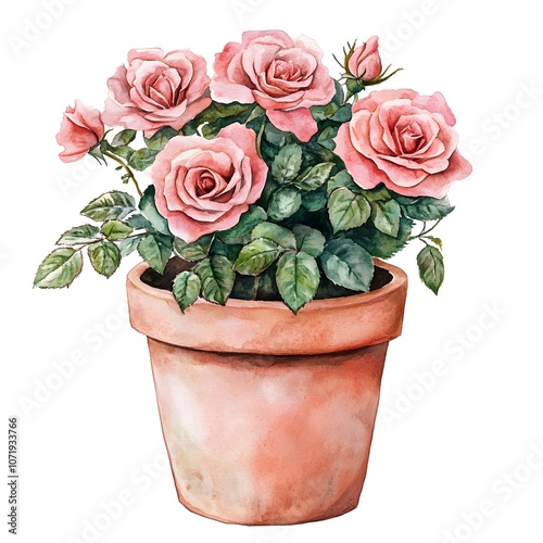 Watercolor Pink Roses in Terracotta Pot   Blooming Flower Arrangement photo