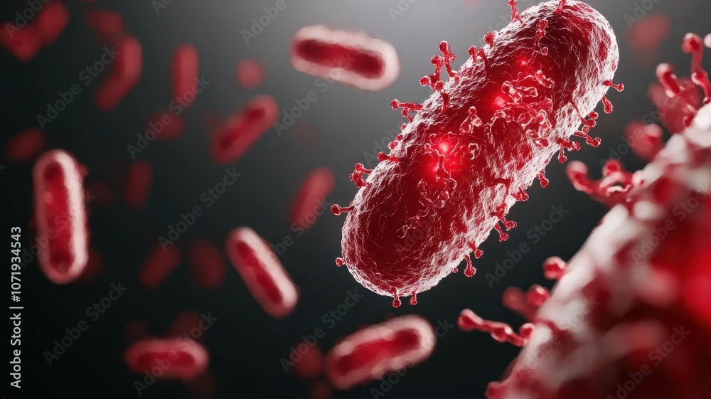 Exposure of bacteria concept. A macro image showcasing microscopic red bacteria against a dark background, emphasizing their complex structures and vibrant color. Exposure of bacteria concept. A macro image showcasing microscopic red bacteria against a dark background, emphasizing their complex structures and vibrant color.