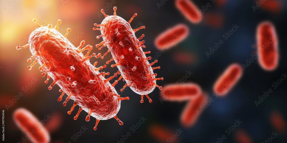 Exposure of bacteria concept. A close-up illustration of red bacteria, surrounded by other microorganisms, highlighting their detailed features against a blurred background.
