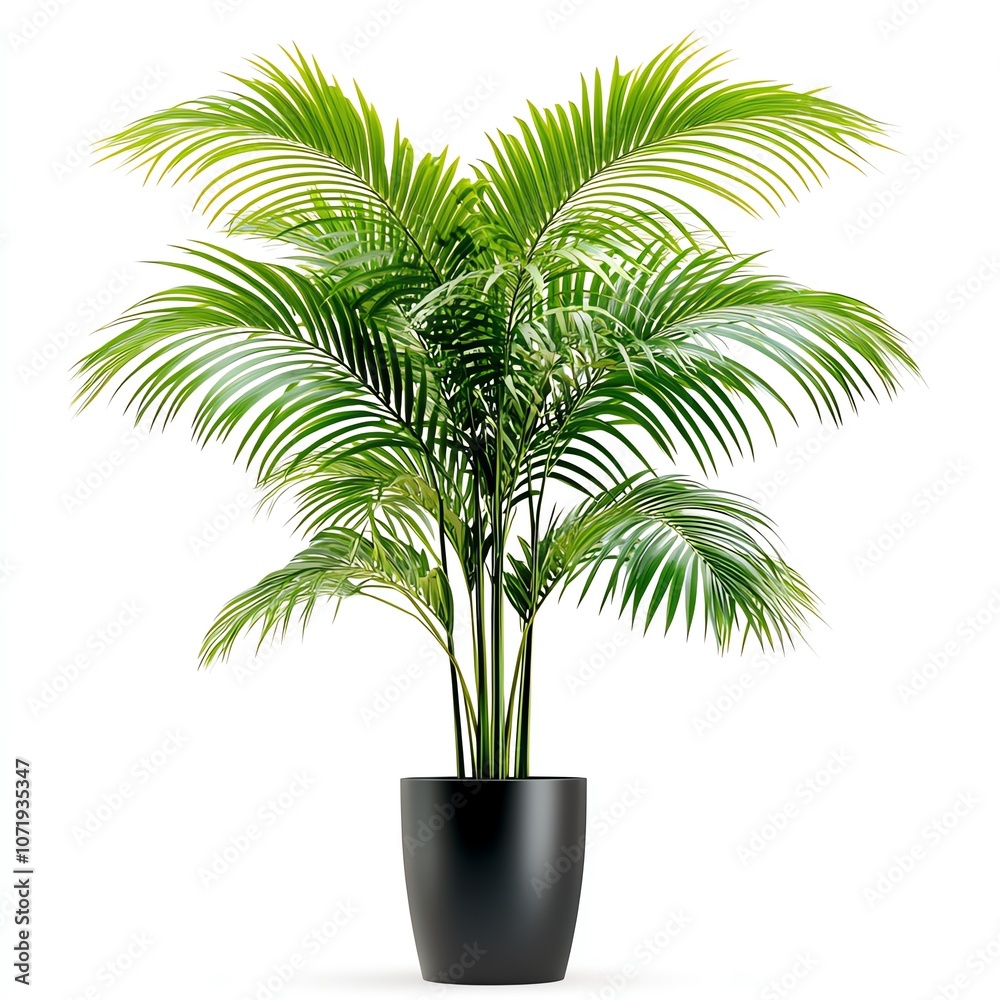 Lush green indoor palm plant in a stylish black pot, perfect for home decor. Lush green indoor palm plant in a stylish black pot, perfect for home decor.