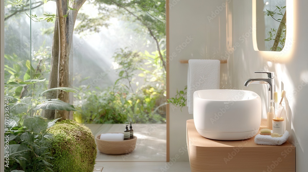 Fototapeta premium Tranquil Bathroom Retreat with Natural Elements, Eco-Friendly Design, Lush Greenery, Sunlit Space, and Modern Aesthetic for a Relaxing Atmosphere