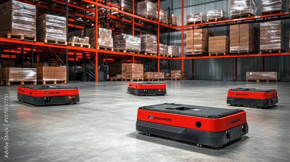 Naklejka premium Smart AGVs in Modern Warehouse Environment