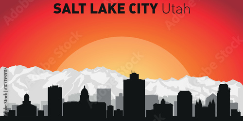 Salt Lake city skyline with silhouettes of buildings against the backdrop of a large yellow sun and orange sky. Vector on the background of sunset