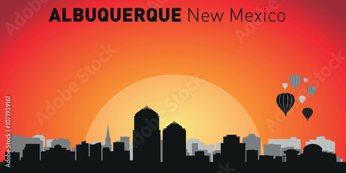 Albuquerque city skyline with silhouettes of buildings against the backdrop of a large yellow sun and orange sky. Vector on the background of sunset