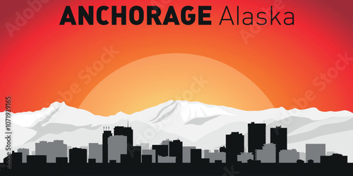 Anchorage city skyline with silhouettes of buildings against the backdrop of a large yellow sun and orange sky. Vector on the background of sunset