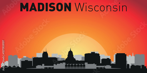 Madison city skyline with silhouettes of buildings against the backdrop of a large yellow sun and orange sky. Vector on the background of sunset