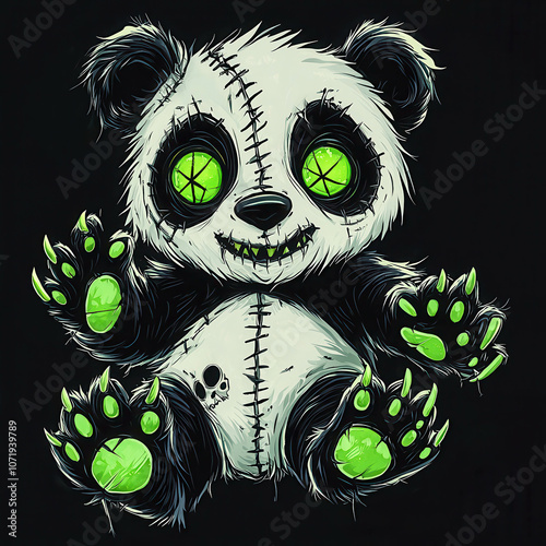 Creepy Stitchy Panda Character with Green Eyes and Claw Marks on a Dark Background, Perfect for Halloween-Themed Artwork and Illustrations photo