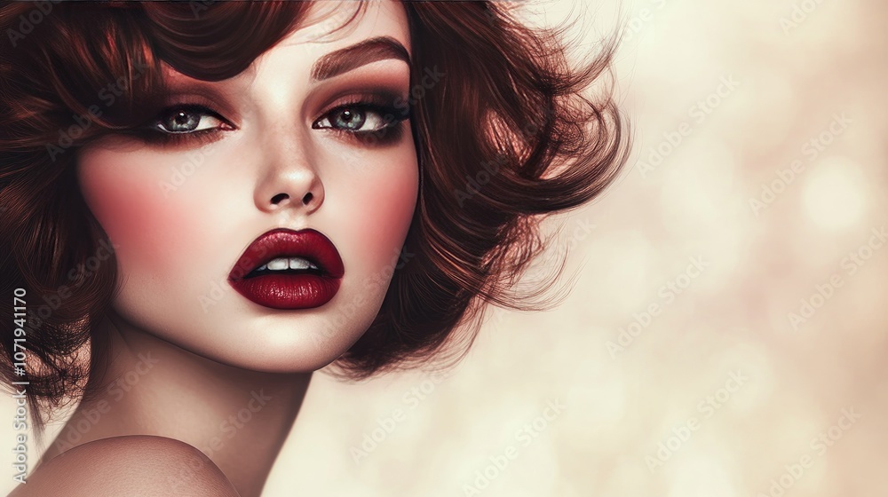 Fototapeta premium Elegant Woman with Voluminous Brown Hair
