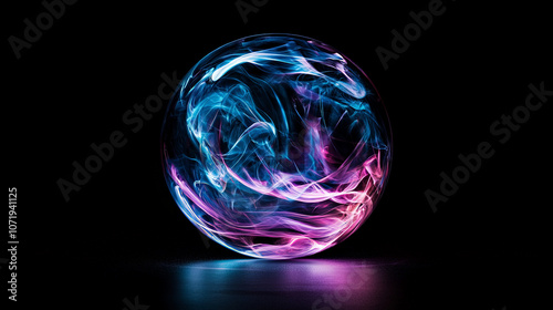 shimmering iridescent sphere composed of swirling vibrant colors, creating mesmerizing visual effect. interplay of blue and pink hues evokes sense of wonder and beauty