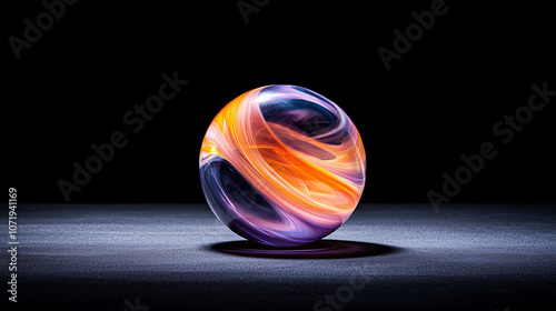 shimmering iridescent sphere composed of swirling vibrant colors, showcasing mesmerizing blend of orange, purple, and blue hues against dark background
