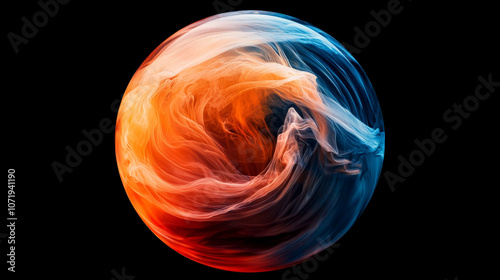 shimmering iridescent sphere composed of swirling vibrant colors, blending warm oranges and cool blues, creating mesmerizing visual effect