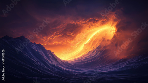 vibrant, swirling mass of color depicting dramatic wave at sunset, showcasing deep blues and fiery oranges. scene evokes sense of awe and power