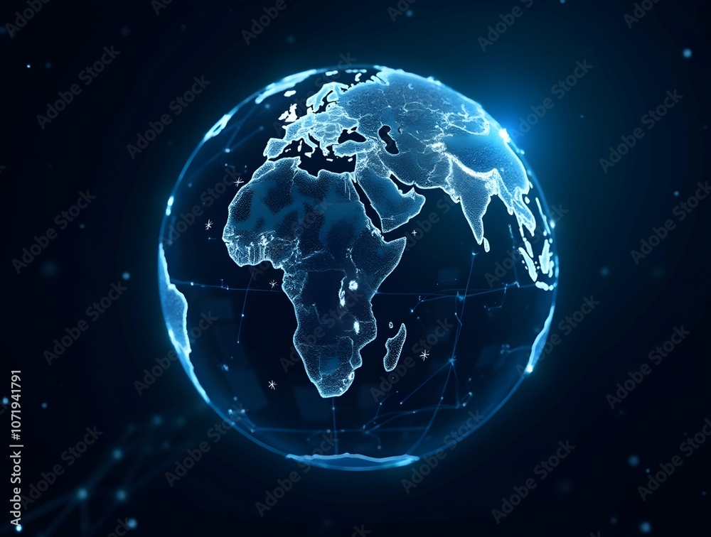 Obraz premium A digital representation of the Earth with glowing lines extending outward, symbolizing global connection, communication, technology, and the interconnectedness of the world. Generative ai