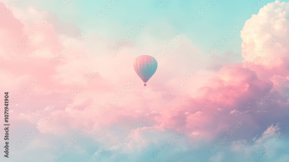 Fototapeta premium A single hot air balloon drifts among pastel clouds, evoking dreams and freedom in a calm, ethereal sky.