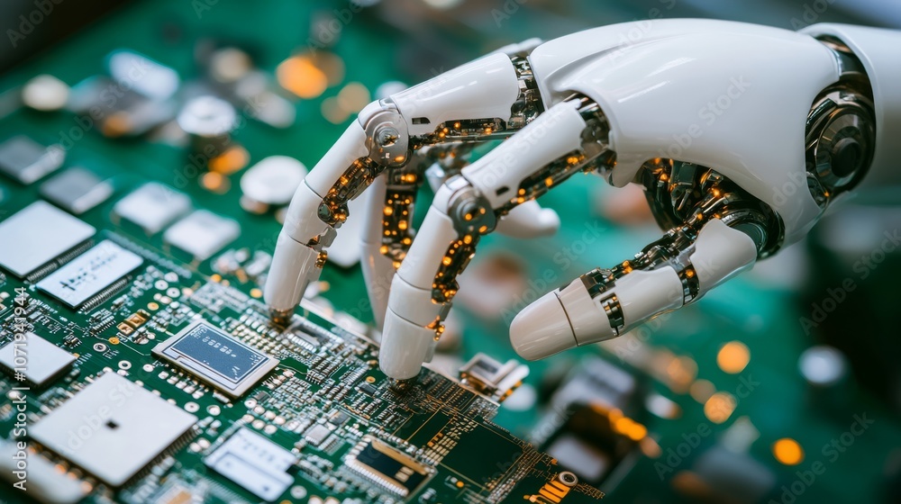 Obraz premium A robotic hand precisely adjusts circuit components, highlighting precision and technological advancement.