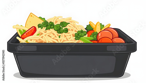 Catering food with healthy balanced diet delicious lunch box boxed take away deliver packed ready meal in black container dinner, meal, brakfast highlighted by white, png photo