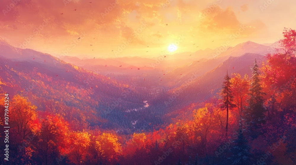 Fototapeta premium Autumn Sunset Over Majestic Mountain Landscape