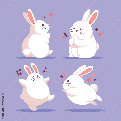 White cartoon rabbits vector set. Flat little and cute bunny collection. Funny farm animal mascot. Easter Bunny illustrations isolated on purple background.