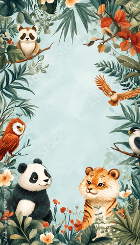 Cute animals surrounded by tropical foliage create vibrant, playful scene. Featuring panda, tiger, owl, and other wildlife, this illustration is perfect for children decor or nature themed projects photo