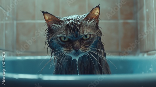 A soaking wet cat sits indignantly in a bathtub, its grumpy expression capturing a humorous moment of bath-time defiance. photo