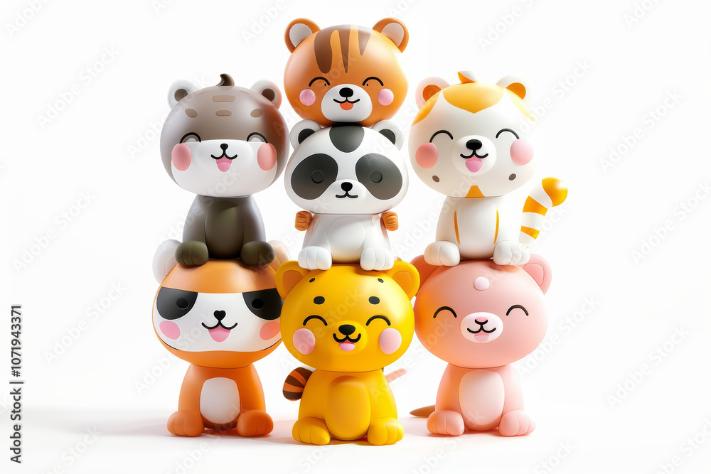 Naklejka premium Cute cartoon animal figurines: adorable smiling characters stacked together