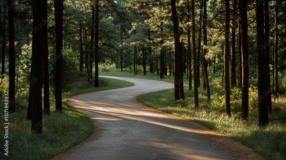A winding road meanders through a sun-dappled forest, inviting exploration and the promise of tranquil journeys amidst nature. A winding road meanders through a sun-dappled forest, inviting exploration and the promise of tranquil journeys amidst nature.
