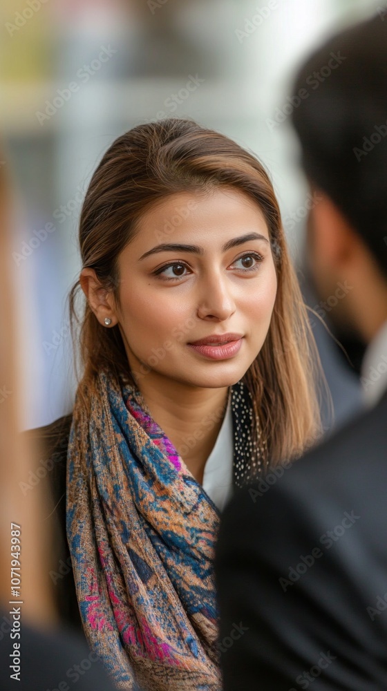 A woman with a scarf on her neck is looking at the camera A woman with a scarf on her neck is looking at the camera